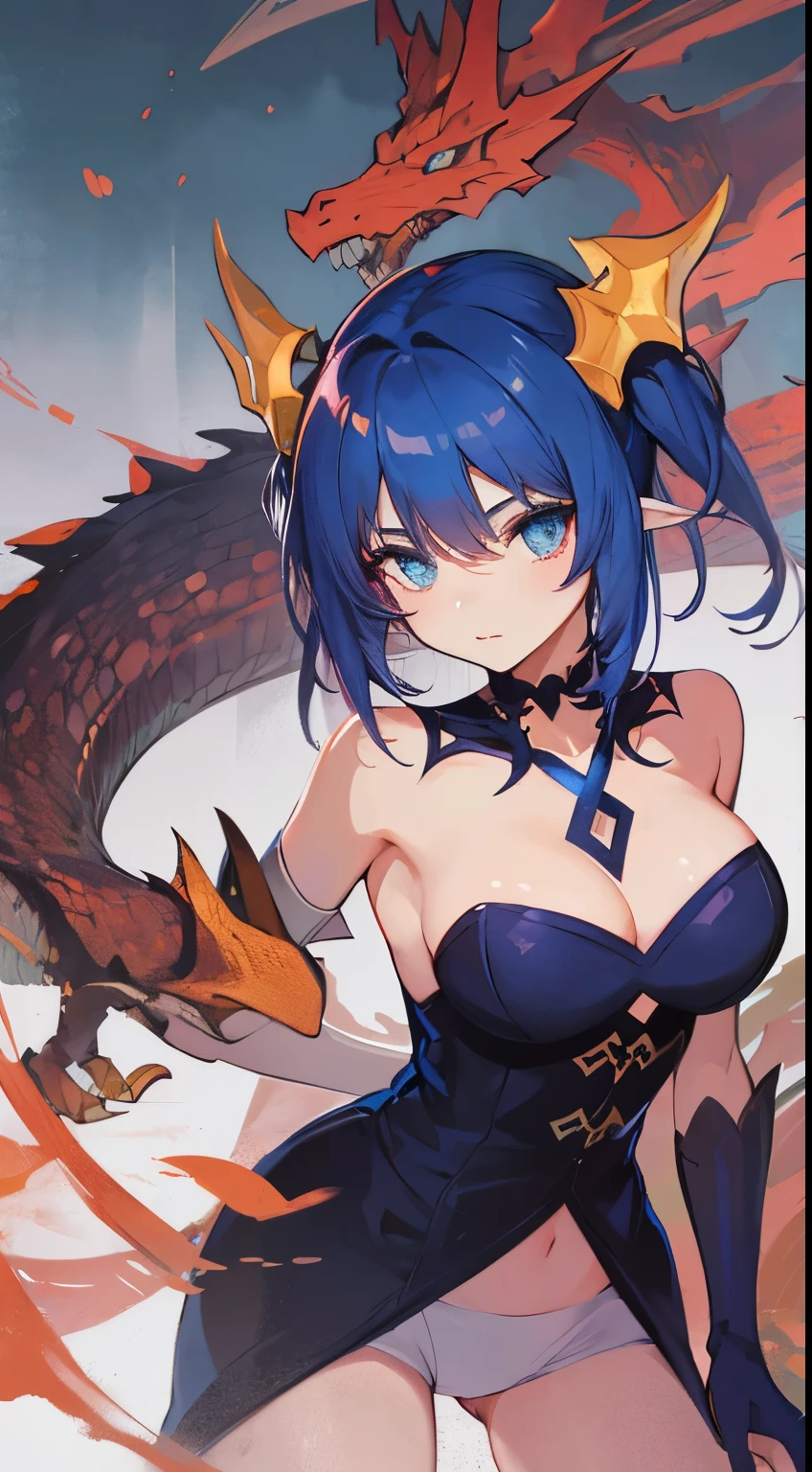 1girl in, Blue hair, sharp blue eyes, she is a dragon girl