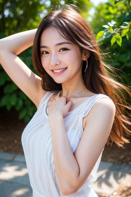 The best quality in the best condition, masterpiece, Ultra-high resolution, (Realistic:1.4), RAW Photos, One Girl,smile、Raise both arms