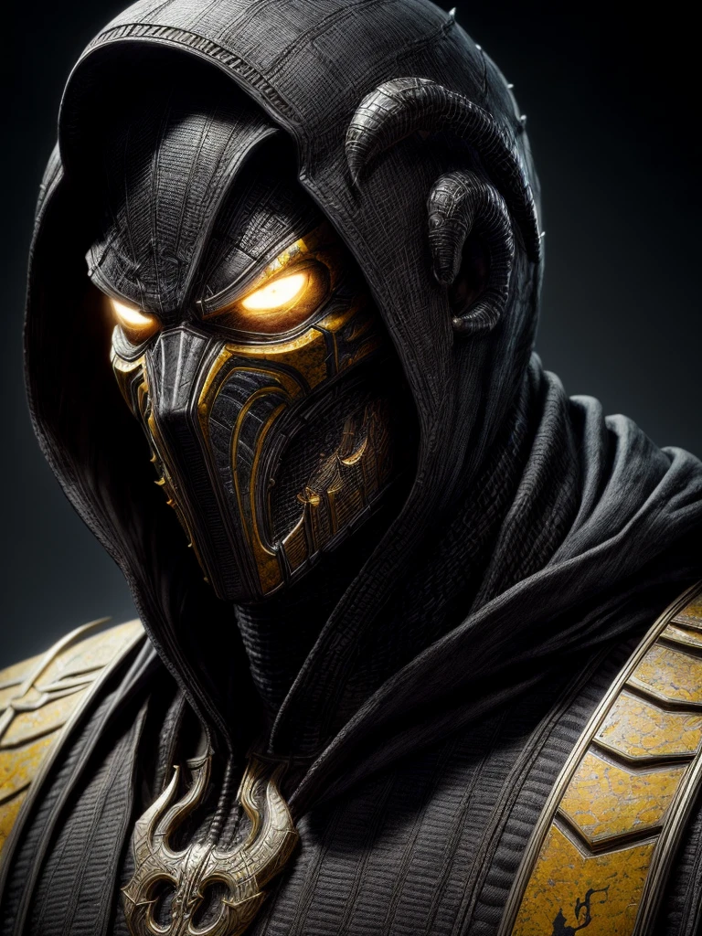 a portrait, scorpion from mortal kombat, detailed white eyes, bladk anc yellow armor, hood, veins on his arm, Intricate, High Detail, Sharp focus, dramatic, photorealistic painting art by greg rutkowski