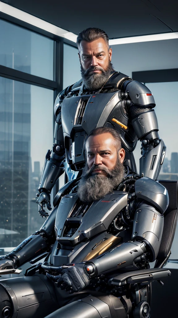(reelmech: 1.5), CEO portrait photo of a 45-year-old man with a big beard, in a good mood, in a luxurious office, cyborg body, sitting at a desk overlooking the city (Artwork: 1.2) (photorealistic: 1.2) (bokeh) (best quality) (detailed skin) (complex) (8K) (hdr) (cinematic lighting) (sharp focus) (clutter: 1.2)