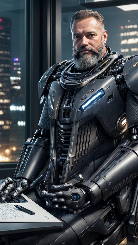 (reelmech: 1.5), CEO portrait photo of a 45-year-old man with a big beard, in a good mood, in a luxurious office, cyborg body, sitting at a desk overlooking the city (Artwork: 1.2) (photorealistic: 1.2) (bokeh) (best quality) (detailed skin) (complex) (8K) (hdr) (cinematic lighting) (sharp focus) (clutter: 1.2)