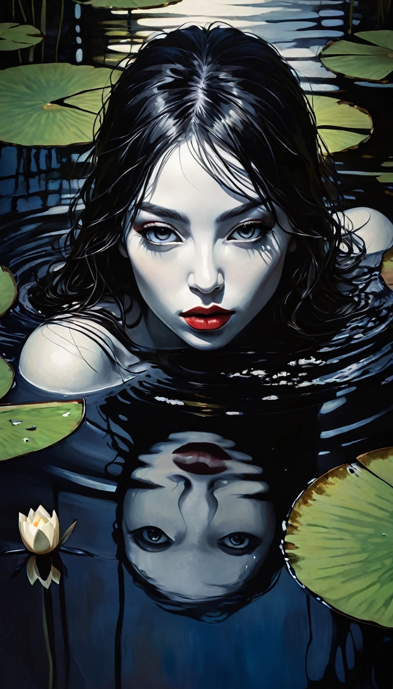 eroticism, sexy, black and white image, between shadows,in the water of a dark swamp with water lilies, oil painting, dramatic lighting, dramatic contrast, chiaroscuro, detailed face, sensual expression, elegant pose, female figure, mysterious, moody, cinematic, dark romantic, Bill Sienkiewicz inspired, dark atmosphere, powerful composition, dramatic shadows, high quality, photorealistic, masterpiece (best quality,4k,8k,highres,masterpiece:1.2),ultra-detailed,(realistic,photorealistic,photo-realistic:1.37),intricate details,vivid colors,sharp focus,professional,Dave McKean artwork, oil touch of surrealism,oil painting style,portrait,woman,beautiful detailed eyes,beautiful detailed lips,dreamlike atmosphere,shadow play,soft lighting,playful pose,dark hues,ethereal background,fantasy elements,texture,layered composition.
