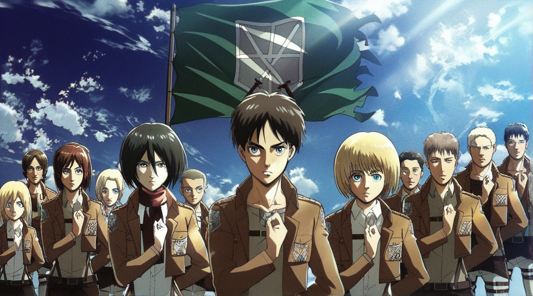 attack on titan characters saluting, amazing quality 4k, perfect eyes, perfect faces, perfect proportions, tailored clothing, high quality clothing, light beams, amazing blue sky, clouds,