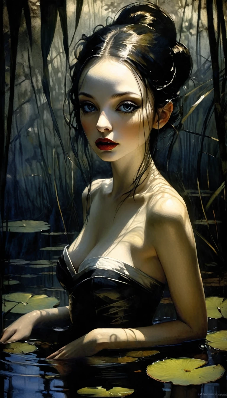 eroticism, sexy, black and white image, between shadows,in the water of a dark swamp with water lilies, oil painting, dramatic lighting, dramatic contrast, chiaroscuro, detailed face, sensual expression, elegant pose, female figure, mysterious, moody, cinematic, dark romantic, Bill Sienkiewicz inspired, dark atmosphere, powerful composition, dramatic shadows, high quality, photorealistic, masterpiece (best quality,4k,8k,highres,masterpiece:1.2),ultra-detailed,(realistic,photorealistic,photo-realistic:1.37),intricate details,,sharp focus,professional,Dave McKean artwork, oil touch of surrealism,oil painting style,portrait,woman,beautiful detailed eyes,beautiful detailed lips,dreamlike atmosphere,shadow play,soft lighting,playful pose,dark hues,ethereal background,fantasy elements,texture,layered composition.
