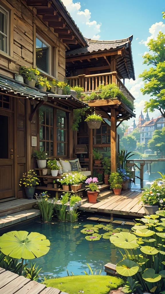 (micro landscape:1.5),(best quality), ((masterpiece)), (high resolution), illustration, The original, Very detailed wallpaper, No human, window, landscape, plant, water, potted plant, outDoors, architecture, Door, house, flower pot, sky, lily pad, Chair, flower, table, stairs, watermark, have, Tree, Sunlight, pond, Grass, inDoors, reflection, lamp, balcony, black headdress, bushing, Sky, railing, table, open window, shelf, leaf, Book, url, Copyright name, ladder, Architecture, shadow, alone, obsolete, vine, flower vase, City, coffee shop, lantern, bucket, ruins, bench, shop, sign, moss, Boat, bucket, river,