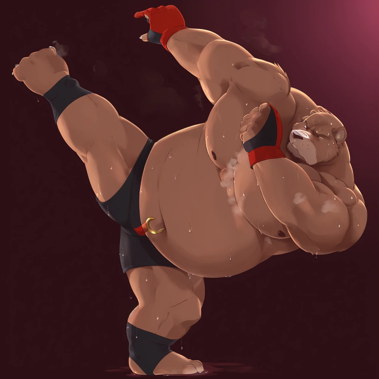 ((solo)), (anthro:1.2) bear (lora; little john), adult, (athletic:1.4), (dense muscles), (super strong:1.4), (correct anatomy:1.2), (broad shoulders:1.2), (heavy build, massive body:1.6), (realistic fur, detailed brown fur texture:1.3), detailed background (corner of the kickboxing ring:1.6), photorealistic, (black compression shorts), (bare torso:1.4), (foowear:1.2), (detailed clothing), hyperrealistic, ultradetailed, (by wfa:1.2), (by takemoto_arashi, by vorusuarts, by Traver009:1, by grimfaust:1), natural lighting, (wet. sweat:1.4), exhausted, ursine head (open eyes, brown mane), (steaming breath:1.2), ((serious:1.4) expression), (kicking:1.6), (view from right:1.4)