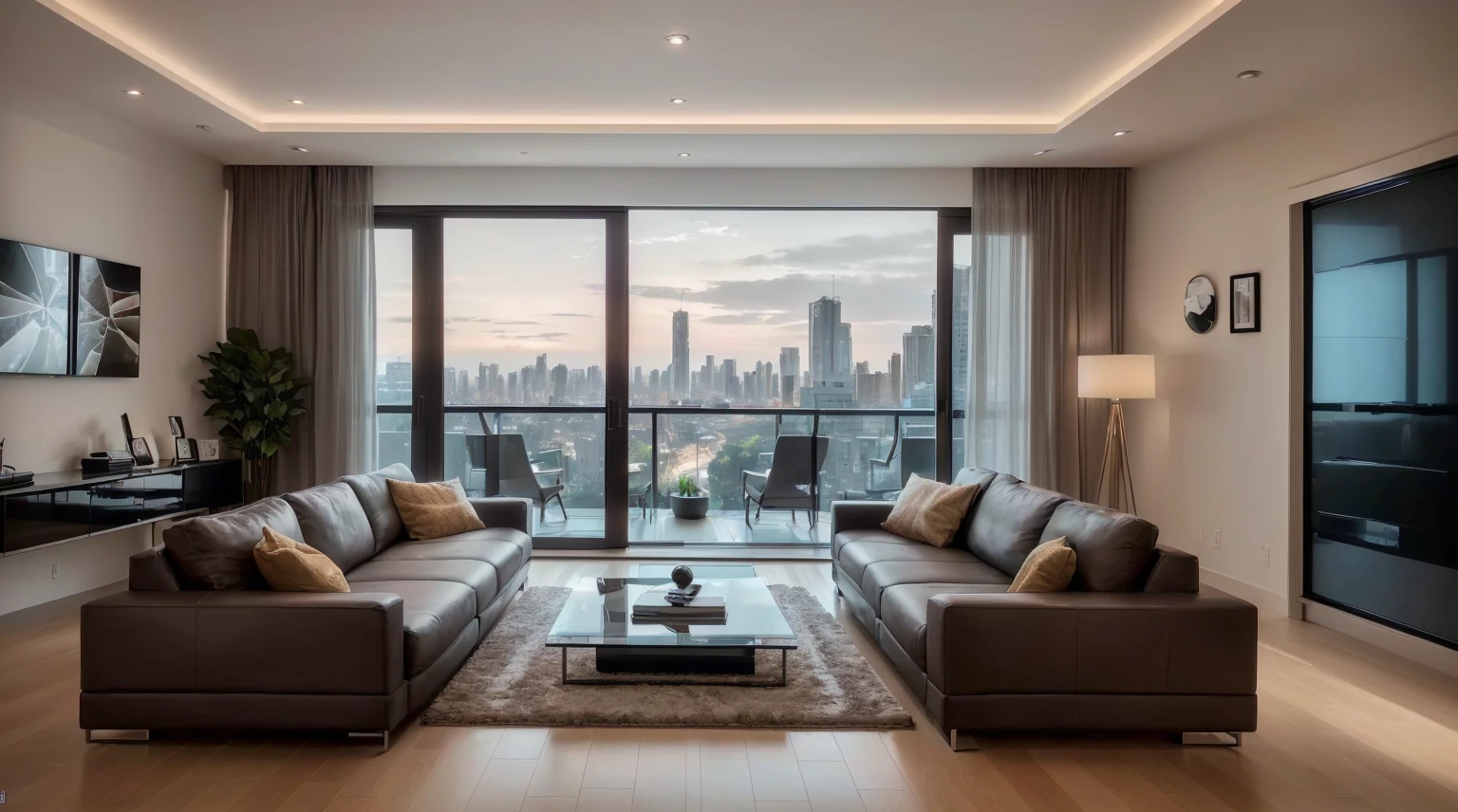 arafado view of a living room with sofa, coffee table, and television, Luxury condominium interior, inside a modern apartment, apartment in the city, floor to ceiling windows, view of interior architecture, overlooking a modern city, chic apartment, modern living room, interior photography, horizon appearing through the windows, Award-winning interior design, zenith view, apartment design
