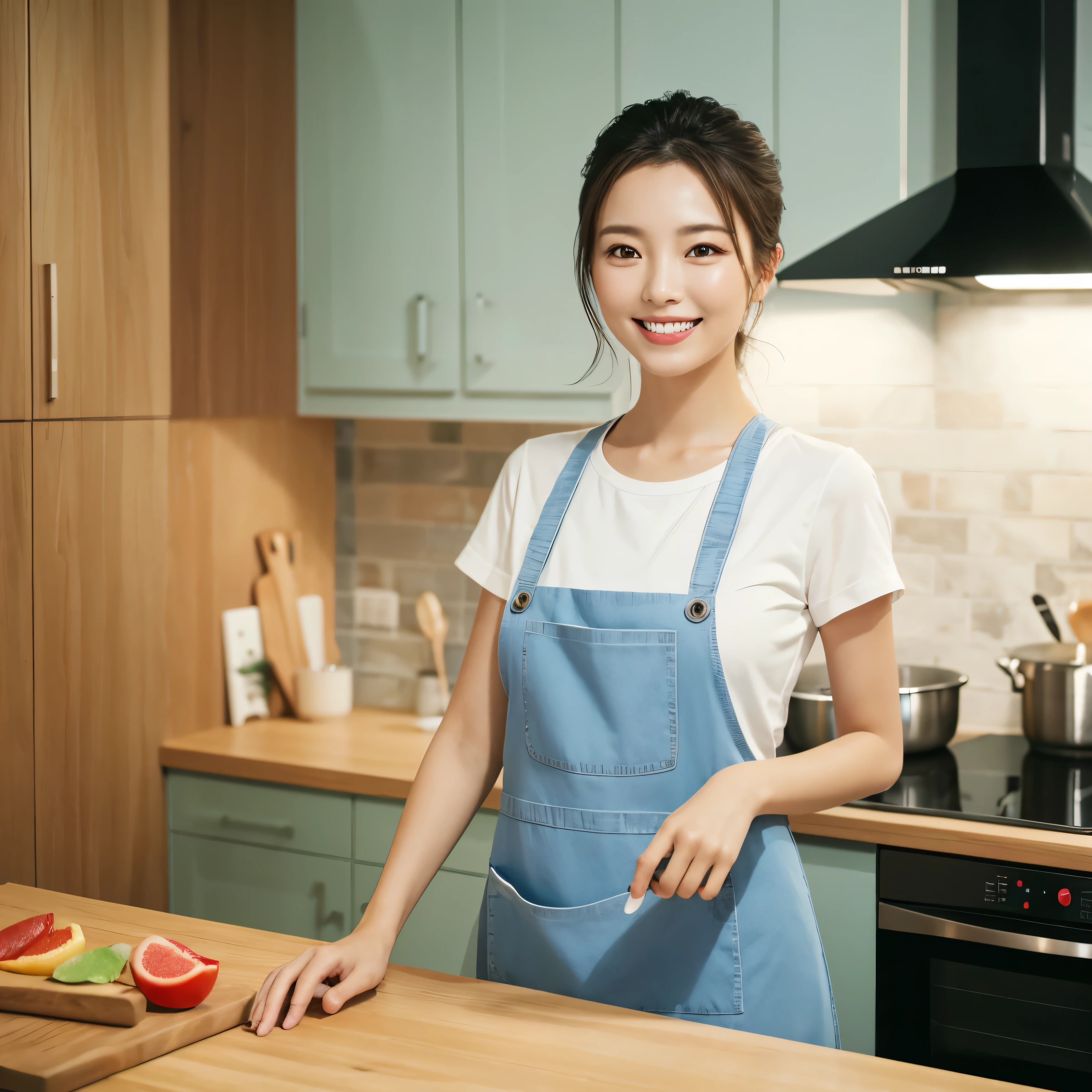 (table top、highest quality、8k、Award-winning work、ultra high resolution)、one beautiful woman、 woman、Close-up of a woman's face、wearing the most natural and perfect apron、the biggest smile looking at me、emphasize body line、big brost natural and practical kitchen、Perfectly organized and orderly kitchen、A perfectly organized kitchen、modern and elegant kitchen、A perfect kitchen with great attention to detail、Modern kitchen with a unified color scheme、(very bright:1.1)、A refreshing and beautiful perfect window、Super high definition perfect beautiful teeth、The most natural and accurate finger、Perfect fingers with the most elaborate details、(Super high-definition glossy skin:1.1)、(Super brightluminated and bright glowing skin:1.1)、Super high-definitiparkling eyes、accurate anatomy