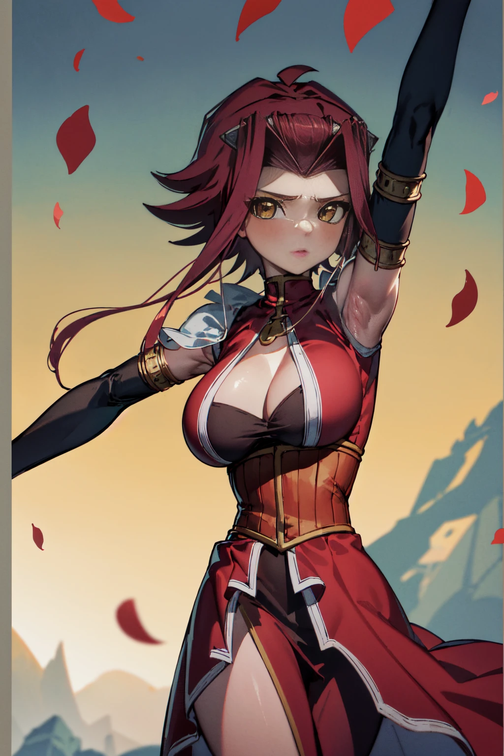 masterpiece, high quality, formula wallpaper, high quality, One girl, alone, 1990s \(style\), Akiza Izinski (Yu-Gi-Oh), ((Puff Cheeks)),1girl,aki1, Izayoi Aki, 独奏, elbow gloves,cleavage,standing,black gloves, large breasts,falling rose petal,look at viewer,red dress,from back,very aesthetic,yellow eye,absurdres,