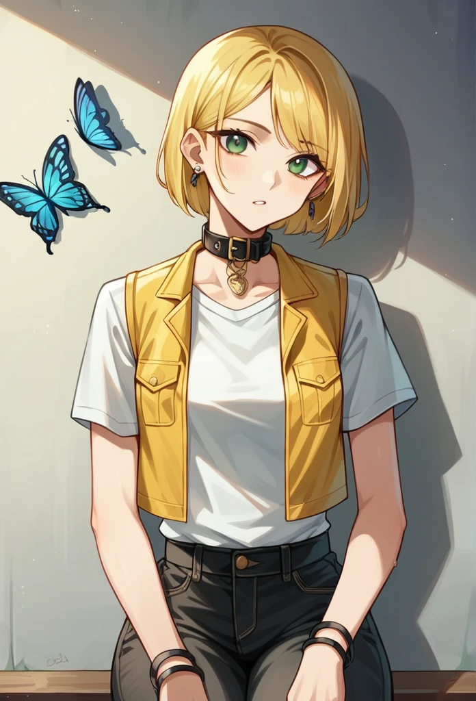 girl, portrait, illustration, by rubio , look at the viewer, green eyes, Wearing a white t-shirt, a yellow leather vest and black pants, medium-high ankle boots , collar, earrings, slim body beja de estatura has a butterfly tattoo on her right arm she has two red strands in her hair