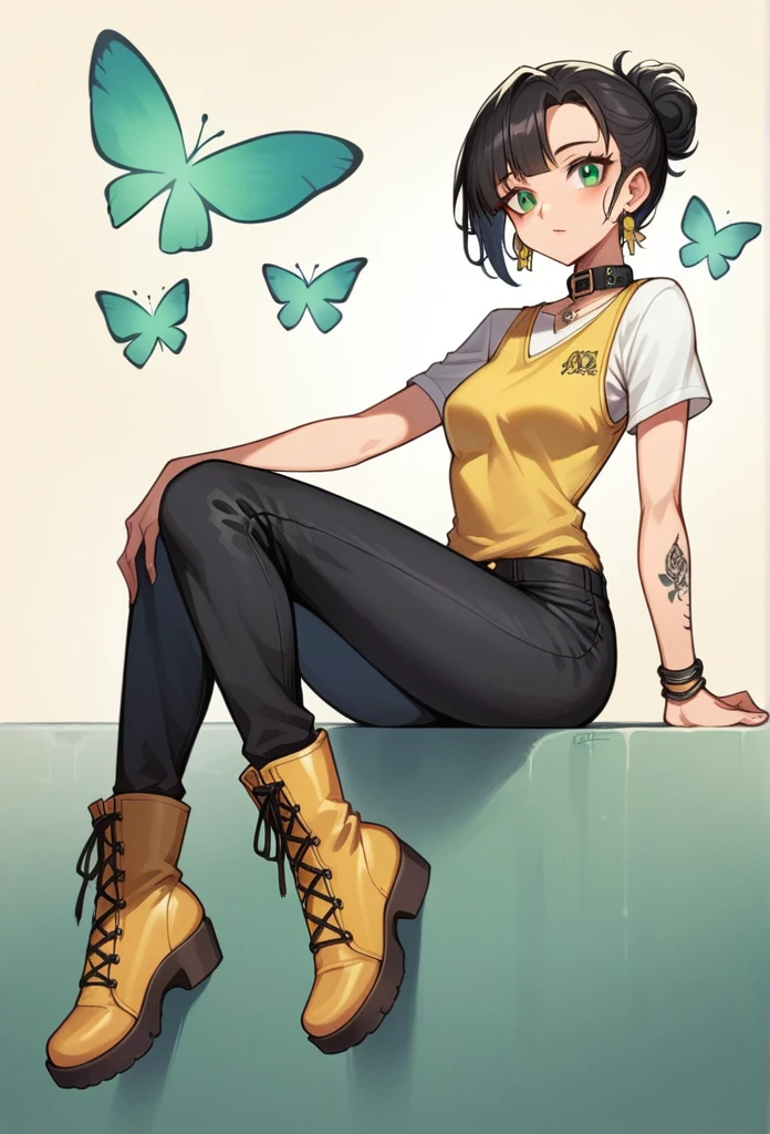 girl, portrait, illustration, by rubio , look at the viewer, green eyes, Wearing a white t-shirt, a yellow leather vest and black pants, medium-high ankle boots , collar, earrings, slim body beja de estatura has a butterfly tattoo on her right arm she has two red strands in her hair 