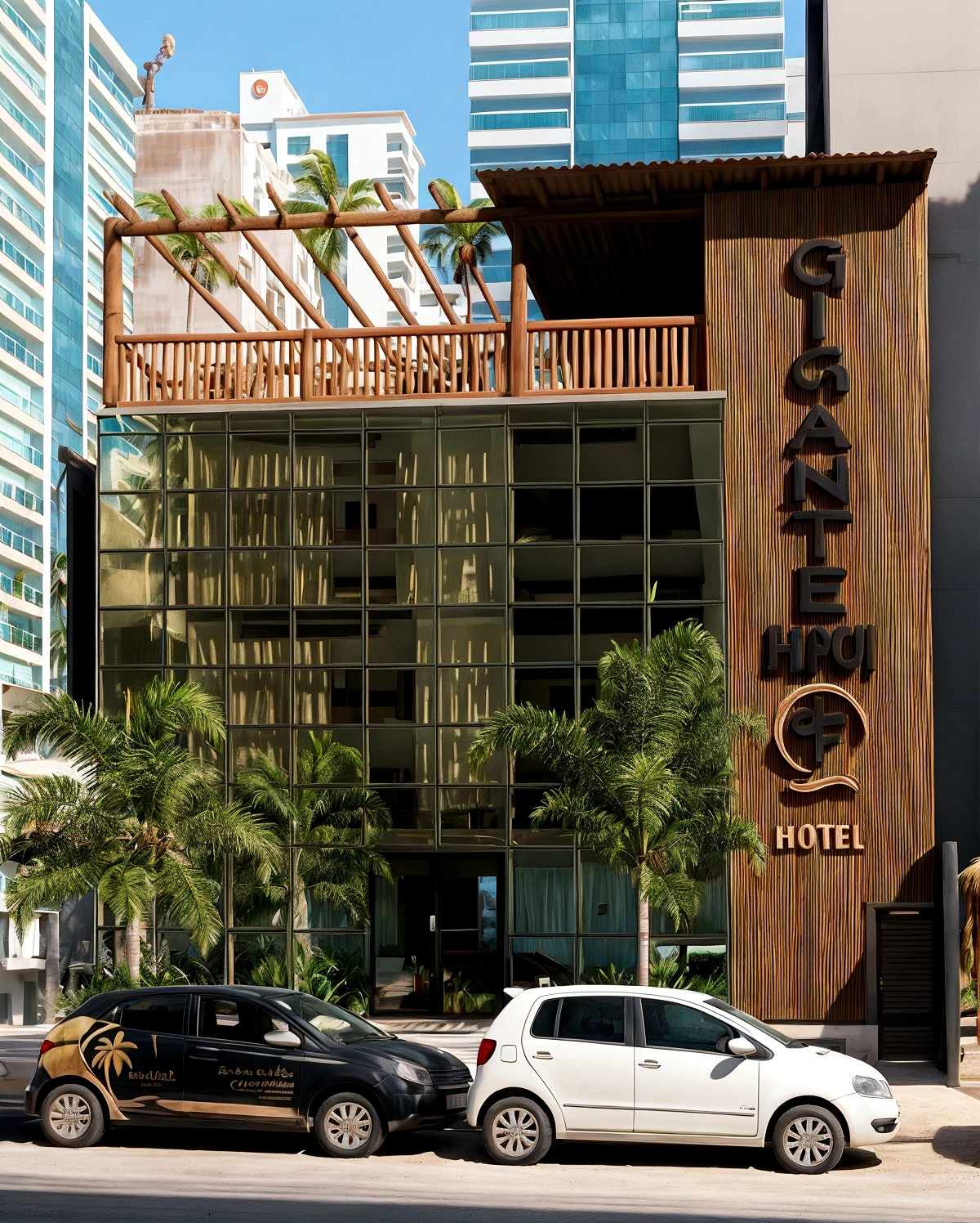 Hotel Facade, with coconut trees in front, written on the façade of Gigante Beach Hotel, in maximum quality.