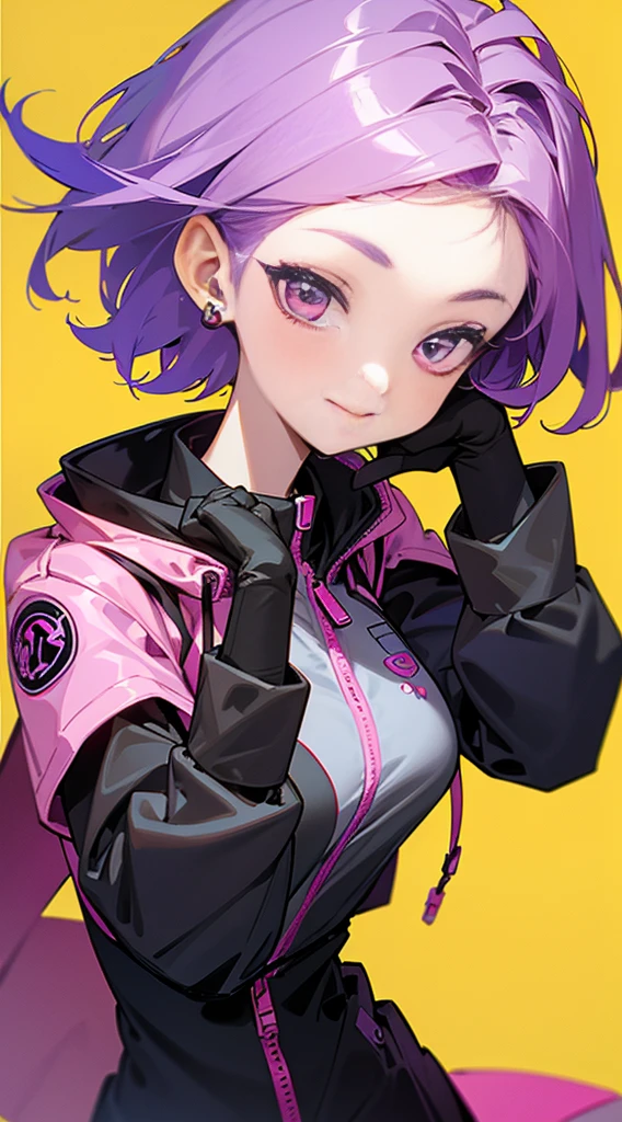 Top Quality, 8K, 4K, High Definition, Detail, (better-quality, 8K, 12), top-quality, 1 girl、only showing her face, she has purple hair, wearing a yellow pin on her right side of her hair, she has her hands together, she looking at you, she is smiling at you, medium breast, her jacket color dark gray with a pink zipper, pink eyes, showing her face and chesat, short hair long as her neck, (only showing half of her body) her jacket is loose. she is wearing earing only right ear shaped has a heart, she has her hand up making a pose, get closer to see up close of her face,