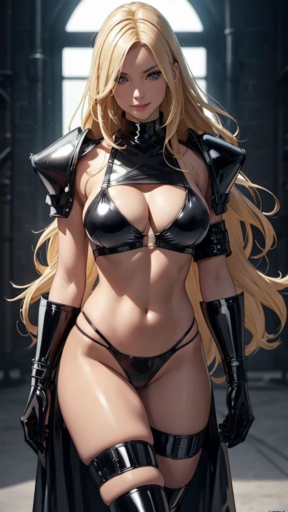 blonde hair, hair blonde in panties and black bikini, with black latex cover, black latex bikini, medieval armor, black latex may, big black cover (best qualityer,ultra detali,photorrealistic:1.37),bright and vibrant colors,studio lighting,Playful expression,stylish make up,long blonde hair flowing in the wind,Eyes seductive,Glossy lips,pose sexy, Bayonet, Shooting range, smiling confidently and seductively,. in panties and black bikini, with black latex cover, black latex bikini, medieval armor, black latex may, big black cover, hair blonde