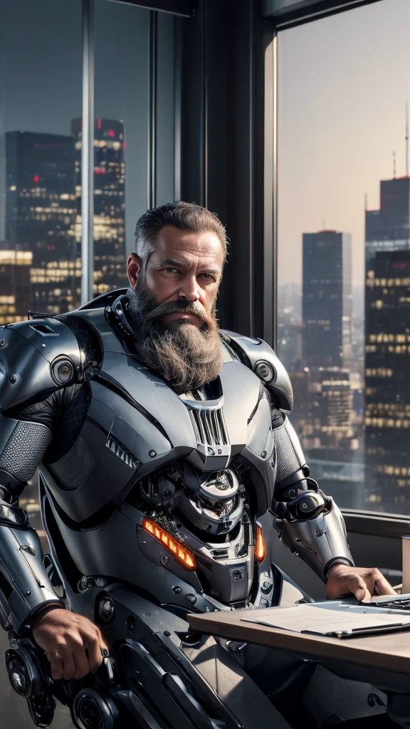 (reelmech: 1.5), CEO portrait photo of a 45-year-old man with a big beard, in a good mood, in a luxurious office, cyborg body, sitting at a desk overlooking the city (Artwork: 1.2) (photorealistic: 1.2) (bokeh) (best quality) (detailed skin) (complex) (8K) (hdr) (cinematic lighting) (sharp focus) (clutter: 1.2)