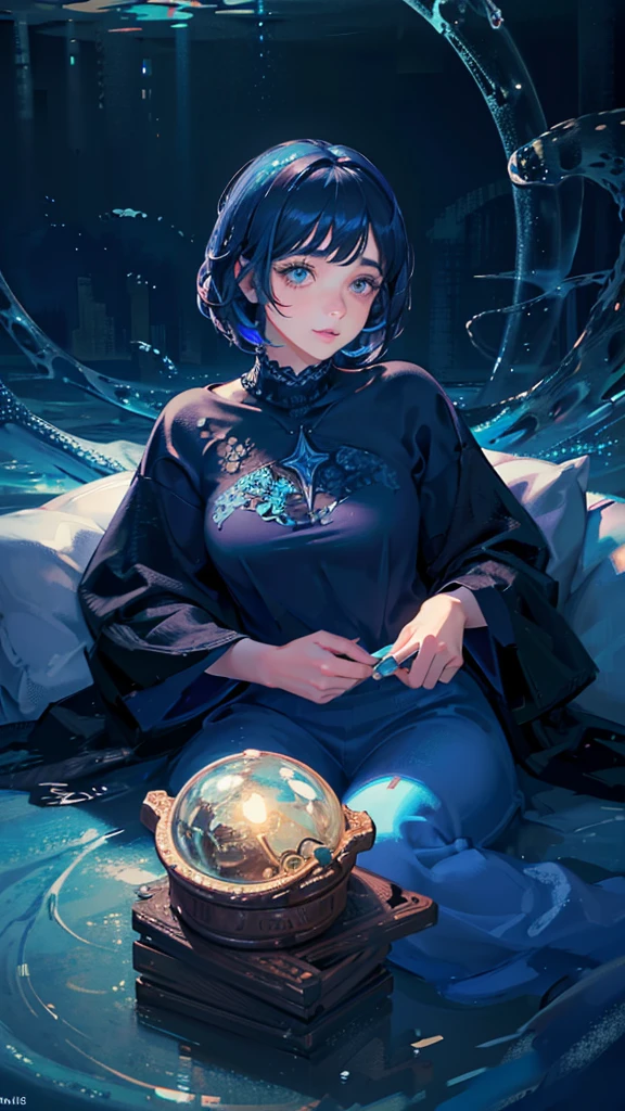 1 character, Woman, tanned skin, brown eyes, short hair, black and brown hair, messy hair, small, big tits, big thighs, a little fat, creature of winter, winter, cold (best quality, 4k, 8k, high resolution, masterpiece: 1.2), ultra detailed, (realistic, photo-realistic, photo-realistic: 1.37), highly detailed portrait, beautiful detailed eyes, beautiful detailed lips, extremely detailed eyes and face, long eyelashes, intricate details, fantasy, magical realism, vibrant colors, underwater scene, bright bioluminescent lights, glowing scales, adorable, cute, cuddly