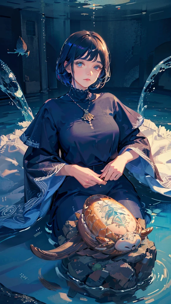 1 character, Woman, tanned skin, brown eyes, short hair, black and brown hair, messy hair, small, big tits, big thighs, a little fat, creature of winter, winter, cold (best quality, 4k, 8k, high resolution, masterpiece: 1.2), ultra detailed, (realistic, photo-realistic, photo-realistic: 1.37), highly detailed portrait, beautiful detailed eyes, beautiful detailed lips, extremely detailed eyes and face, long eyelashes, intricate details, fantasy, magical realism, vibrant colors, underwater scene, bright bioluminescent lights, glowing scales, adorable, cute, cuddly