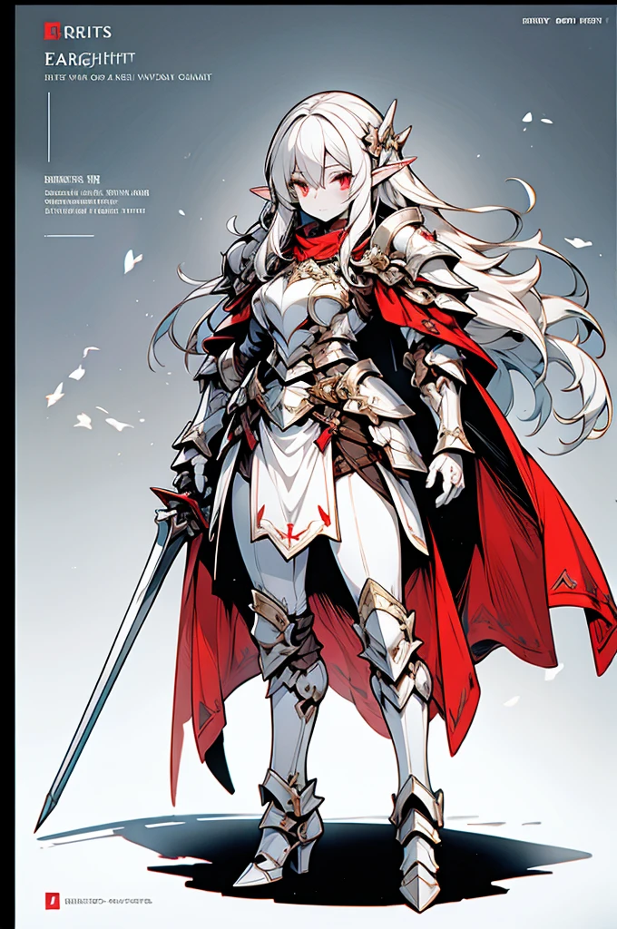 female elf knight, full body art, silver hair, white skin, red iris eye, knight full plate adorned armor, silver cape, perfectly detailed