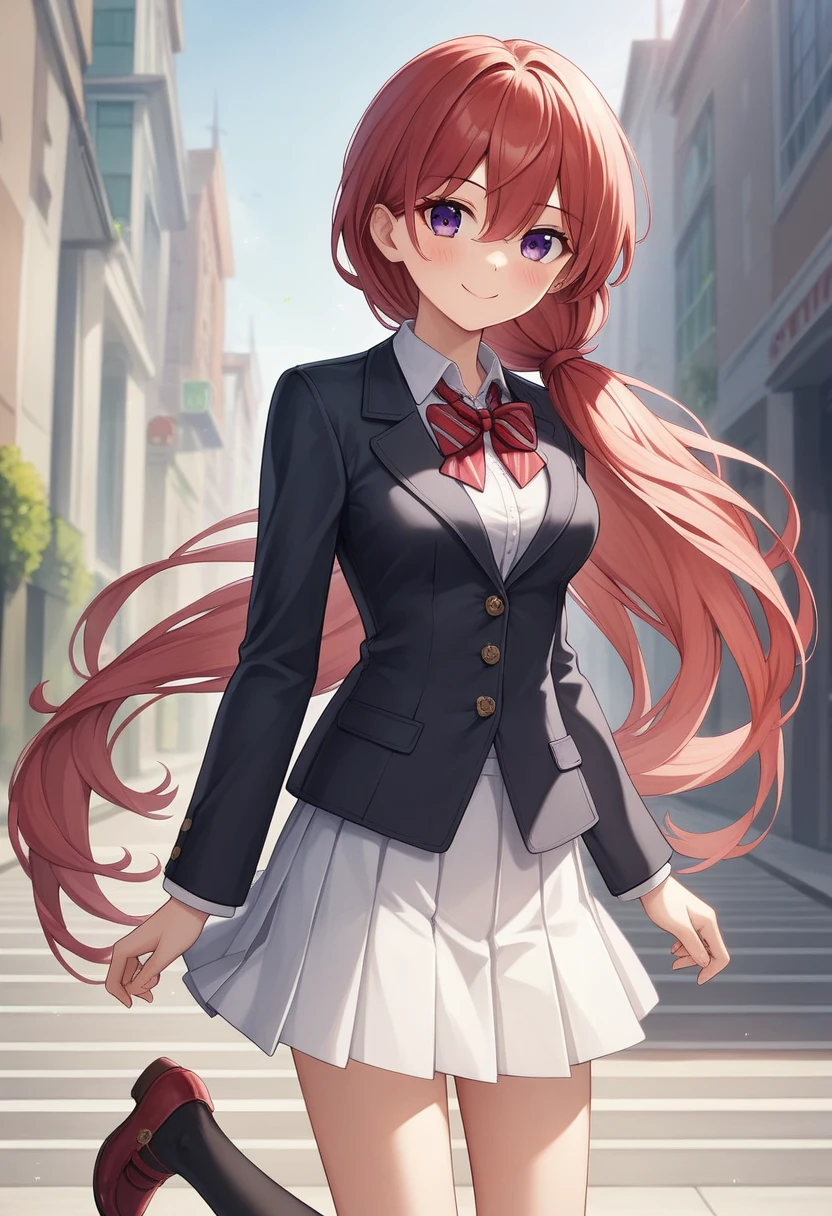佄䔀((masterpiece)),(best quality),Official Art,Extremely refined,Extremely detailed CG,Unity 8k Wallpaper,Ultra Detailed,Beautiful and delicate eyes,Extremely detailed face,outdoor,1 girl,Solitary,Upper Body,(portrait:1.5),Looking at the audience,For the audience,Smile,noob,Very long hair,White hair,low ponytail,Hair intake,Flowing hair,Heart-shaped hair accessories,Side lock,Hair between the eyes,Bangs,Purple Eyes,blush,Uniforms,Black jacket,casual suits,Wing collar,collared shirt,White shirt,Red bow tie,Striped bow tie,Medium breasts,Skin Indentation,Long sleeve,mini skirt,White skirt,pleated skirt,Black knee-high socks,Absolutely great opportunity,Mary Jane Shoes,