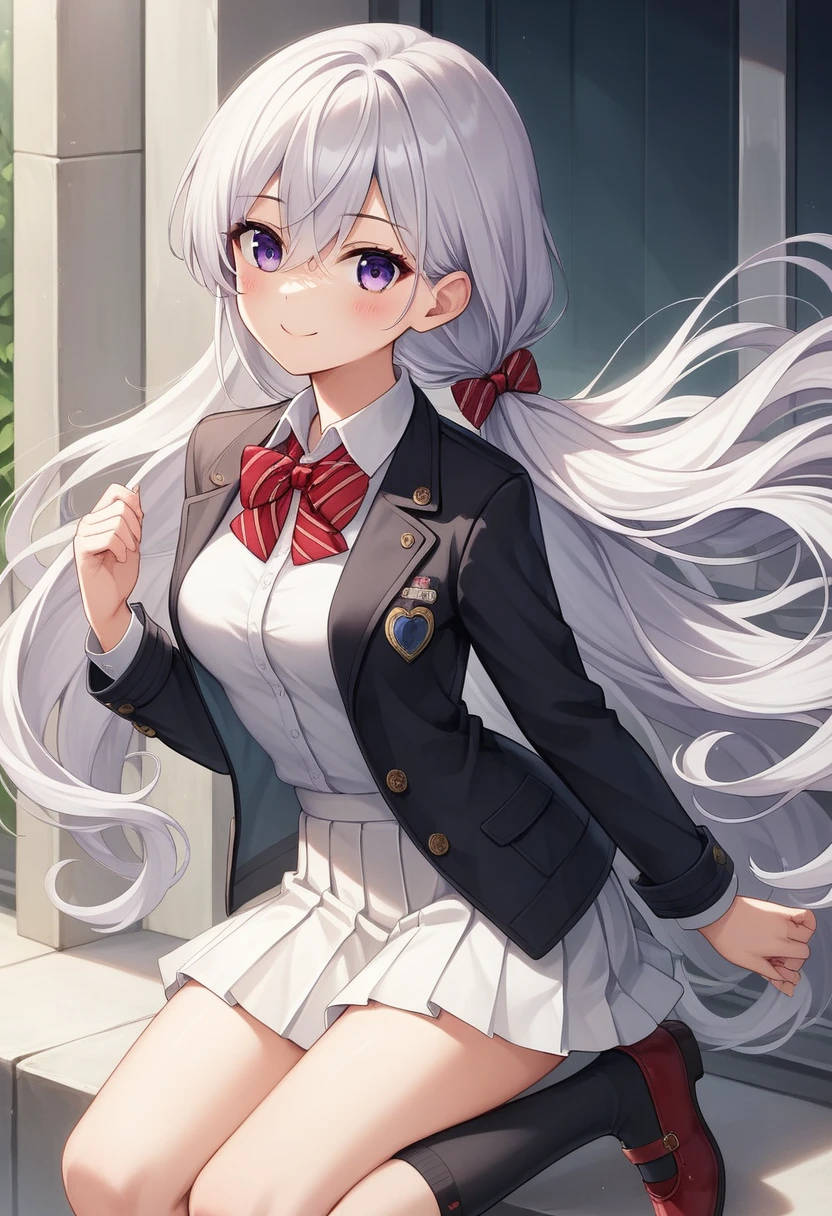 佄䔀((masterpiece)),(best quality),Official Art,Extremely refined,Extremely detailed CG,Unity 8k Wallpaper,Ultra Detailed,Beautiful and delicate eyes,Extremely detailed face,outdoor,1 girl,Solitary,Upper Body,(portrait:1.5),Looking at the audience,For the audience,Smile,noob,Very long hair,White hair,low ponytail,Hair intake,Flowing hair,Heart-shaped hair accessories,Side lock,Hair between the eyes,Bangs,Purple Eyes,blush,Uniforms,Black jacket,casual suits,Wing collar,collared shirt,White shirt,Red bow tie,Striped bow tie,Medium breasts,Skin Indentation,Long sleeve,mini skirt,White skirt,pleated skirt,Black knee-high socks,Absolutely great opportunity,Mary Jane Shoes,