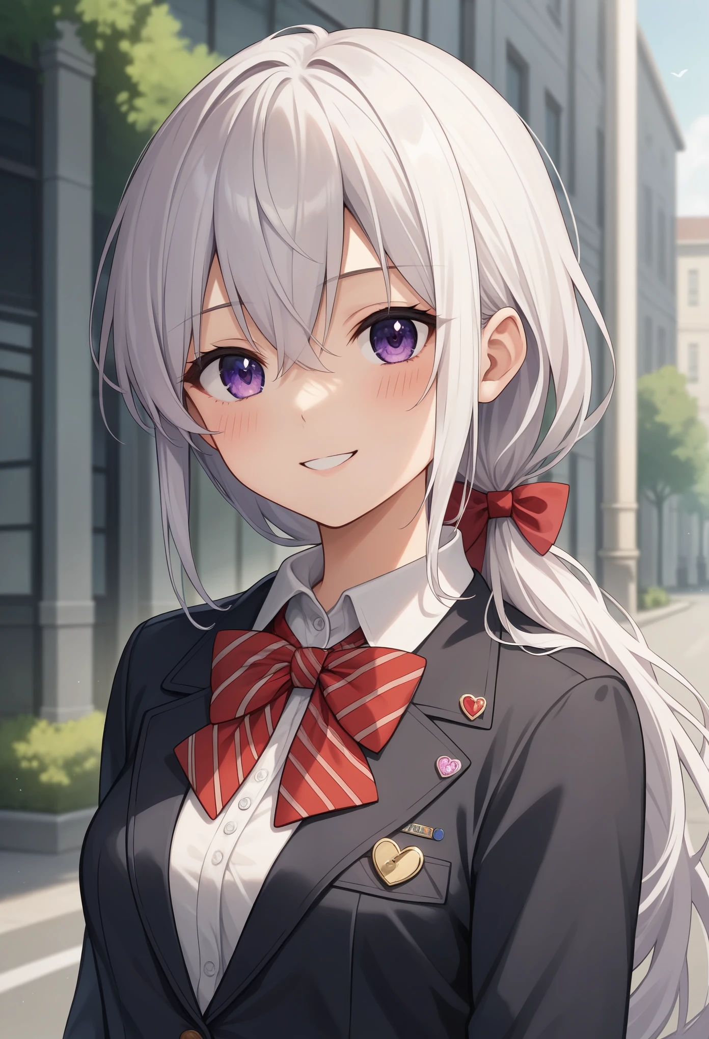 佄䔀((masterpiece)),(best quality),Official Art,Extremely refined,Extremely detailed CG,Unity 8k Wallpaper,Ultra Detailed,Beautiful and delicate eyes,Extremely detailed face,outdoor,1 girl,Solitary,Upper Body,(portrait:1.5),Looking at the audience,For the audience,Smile,noob,Very long hair,White hair,low ponytail,Hair intake,Flowing hair,Heart-shaped hair accessories,Side lock,Hair between the eyes,Bangs,Purple Eyes,blush,Uniforms,Black jacket,casual suits,Wing collar,collared shirt,White shirt,Red bow tie,Striped bow tie,Medium breasts,Skin Indentation,Long sleeve,mini skirt,White skirt,pleated skirt,Black knee-high socks,Absolutely great opportunity,Mary Jane Shoes,