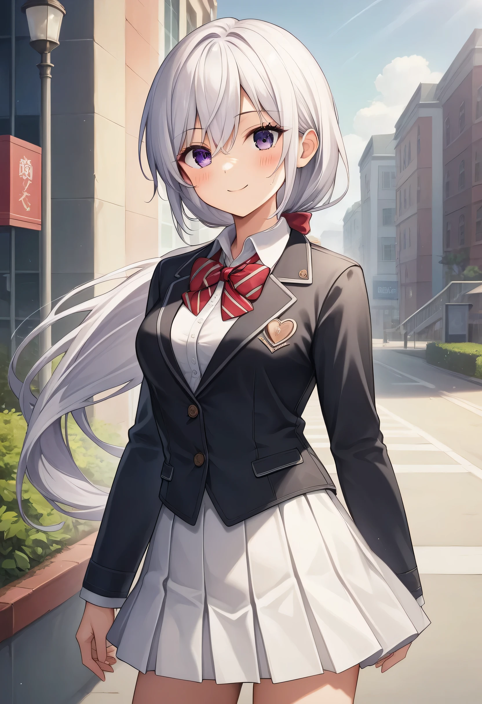 佄䔀((masterpiece)),(best quality),Official Art,Extremely refined,Extremely detailed CG,Unity 8k Wallpaper,Ultra Detailed,Beautiful and delicate eyes,Extremely detailed face,outdoor,1 girl,Solitary,Upper Body,(portrait:1.5),Looking at the audience,For the audience,Smile,noob,Very long hair,White hair,low ponytail,Hair intake,Flowing hair,Heart-shaped hair accessories,Side lock,Hair between the eyes,Bangs,Purple Eyes,blush,Uniforms,Black jacket,casual suits,Wing collar,collared shirt,White shirt,Red bow tie,Striped bow tie,Medium breasts,Skin Indentation,Long sleeve,mini skirt,White skirt,pleated skirt,Black knee-high socks,Absolutely great opportunity,Mary Jane Shoes,