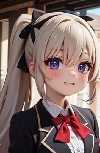 佄䔀((masterpiece)),(best quality),Official Art,Extremely refined,Extremely detailed CG,Unity 8k Wallpaper,Ultra Detailed,Beautiful and delicate eyes,Extremely detailed face,outdoor,1 girl,Solitary,Upper Body,(portrait:1.5),Looking at the audience,For the audience,Smile,noob,Very long hair,White hair,low ponytail,Hair intake,Flowing hair,Heart-shaped hair accessories,Side lock,Hair between the eyes,Bangs,Purple Eyes,blush,Uniforms,Black jacket,casual suits,Wing collar,collared shirt,White shirt,Red bow tie,Striped bow tie,Medium breasts,Skin Indentation,Long sleeve,mini skirt,White skirt,pleated skirt,Black knee-high socks,Absolutely great opportunity,Mary Jane Shoes,
