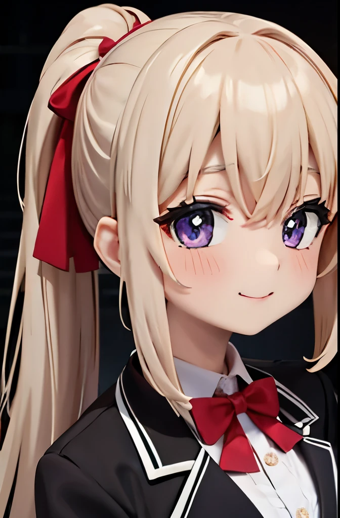 佄䔀((masterpiece)),(best quality),Official Art,Extremely refined,Extremely detailed CG,Unity 8k Wallpaper,Ultra Detailed,Beautiful and delicate eyes,Extremely detailed face,outdoor,1 girl,Solitary,Upper Body,(portrait:1.5),Looking at the audience,For the audience,Smile,noob,Very long hair,White hair,low ponytail,Hair intake,Flowing hair,Heart-shaped hair accessories,Side lock,Hair between the eyes,Bangs,Purple Eyes,blush,Uniforms,Black jacket,casual suits,Wing collar,collared shirt,White shirt,Red bow tie,Striped bow tie,Medium breasts,Skin Indentation,Long sleeve,mini skirt,White skirt,pleated skirt,Black knee-high socks,Absolutely great opportunity,Mary Jane Shoes,