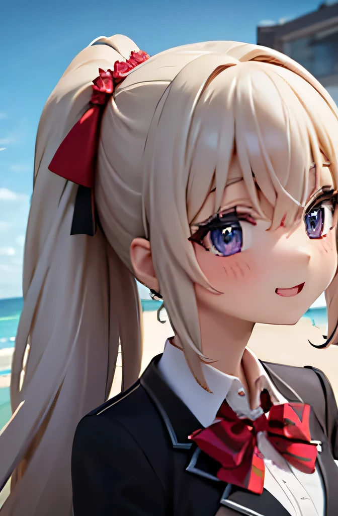 佄䔀((masterpiece)),(best quality),Official Art,Extremely refined,Extremely detailed CG,Unity 8k Wallpaper,Ultra Detailed,Beautiful and delicate eyes,Extremely detailed face,outdoor,1 girl,Solitary,Upper Body,(portrait:1.5),Looking at the audience,For the audience,Smile,noob,Very long hair,White hair,low ponytail,Hair intake,Flowing hair,Heart-shaped hair accessories,Side lock,Hair between the eyes,Bangs,Purple Eyes,blush,Uniforms,Black jacket,casual suits,Wing collar,collared shirt,White shirt,Red bow tie,Striped bow tie,Medium breasts,Skin Indentation,Long sleeve,mini skirt,White skirt,pleated skirt,Black knee-high socks,Absolutely great opportunity,Mary Jane Shoes,