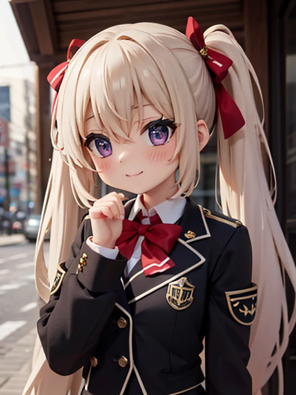 佄䔀((masterpiece)),(best quality),Official Art,Extremely refined,Extremely detailed CG,Unity 8k Wallpaper,Ultra Detailed,Beautiful and delicate eyes,Extremely detailed face,outdoor,1 girl,Solitary,Upper Body,(portrait:1.5),Looking at the audience,For the audience,Smile,noob,Very long hair,White hair,low ponytail,Hair intake,Flowing hair,Heart-shaped hair accessories,Side lock,Hair between the eyes,Bangs,Purple Eyes,blush,Uniforms,Black jacket,casual suits,Wing collar,collared shirt,White shirt,Red bow tie,Striped bow tie,Medium breasts,Skin Indentation,Long sleeve,mini skirt,White skirt,pleated skirt,Black knee-high socks,Absolutely great opportunity,Mary Jane Shoes,