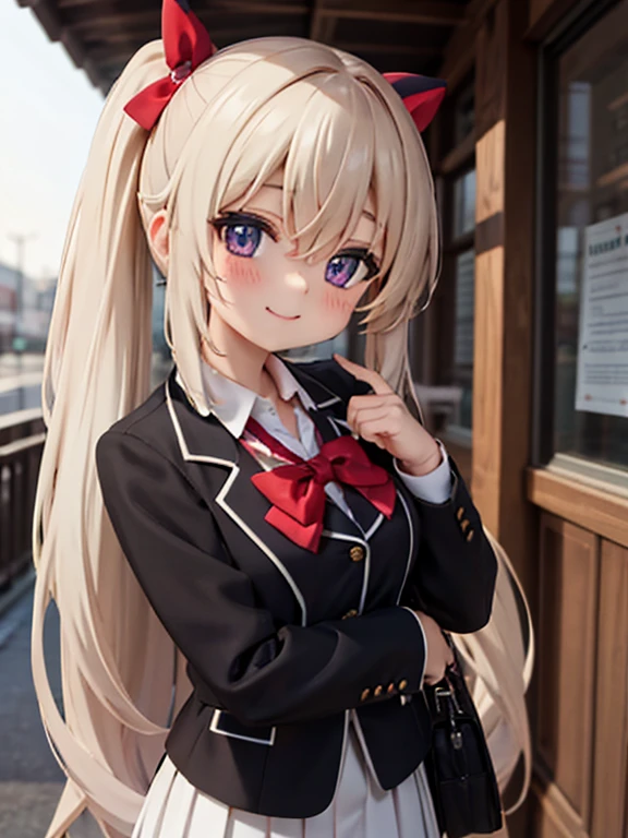 佄䔀((masterpiece)),(best quality),Official Art,Extremely refined,Extremely detailed CG,Unity 8k Wallpaper,Ultra Detailed,Beautiful and delicate eyes,Extremely detailed face,outdoor,1 girl,Solitary,Upper Body,(portrait:1.5),Looking at the audience,For the audience,Smile,noob,Very long hair,White hair,low ponytail,Hair intake,Flowing hair,Heart-shaped hair accessories,Side lock,Hair between the eyes,Bangs,Purple Eyes,blush,Uniforms,Black jacket,casual suits,Wing collar,collared shirt,White shirt,Red bow tie,Striped bow tie,Medium breasts,Skin Indentation,Long sleeve,mini skirt,White skirt,pleated skirt,Black knee-high socks,Absolutely great opportunity,Mary Jane Shoes,