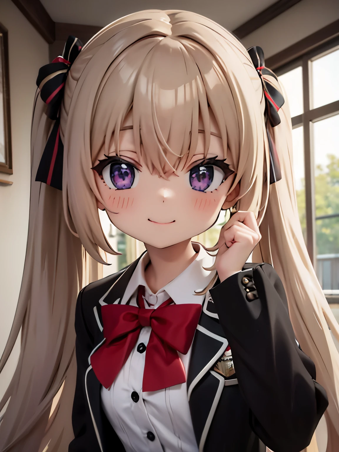 佄䔀((masterpiece)),(best quality),Official Art,Extremely refined,Extremely detailed CG,Unity 8k Wallpaper,Ultra Detailed,Beautiful and delicate eyes,Extremely detailed face,outdoor,1 girl,Solitary,Upper Body,(portrait:1.5),Looking at the audience,For the audience,Smile,noob,Very long hair,White hair,low ponytail,Hair intake,Flowing hair,Heart-shaped hair accessories,Side lock,Hair between the eyes,Bangs,Purple Eyes,blush,Uniforms,Black jacket,casual suits,Wing collar,collared shirt,White shirt,Red bow tie,Striped bow tie,Medium breasts,Skin Indentation,Long sleeve,mini skirt,White skirt,pleated skirt,Black knee-high socks,Absolutely great opportunity,Mary Jane Shoes,