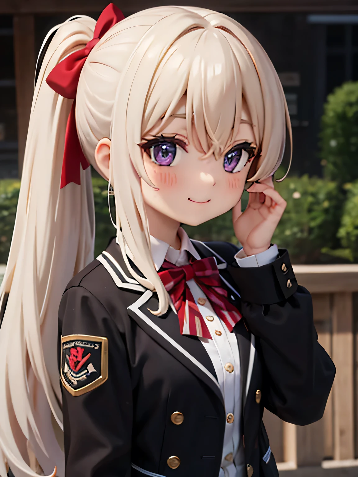 佄䔀((masterpiece)),(best quality),Official Art,Extremely refined,Extremely detailed CG,Unity 8k Wallpaper,Ultra Detailed,Beautiful and delicate eyes,Extremely detailed face,outdoor,1 girl,Solitary,Upper Body,(portrait:1.5),Looking at the audience,For the audience,Smile,noob,Very long hair,White hair,low ponytail,Hair intake,Flowing hair,Heart-shaped hair accessories,Side lock,Hair between the eyes,Bangs,Purple Eyes,blush,Uniforms,Black jacket,casual suits,Wing collar,collared shirt,White shirt,Red bow tie,Striped bow tie,Medium breasts,Skin Indentation,Long sleeve,mini skirt,White skirt,pleated skirt,Black knee-high socks,Absolutely great opportunity,Mary Jane Shoes,