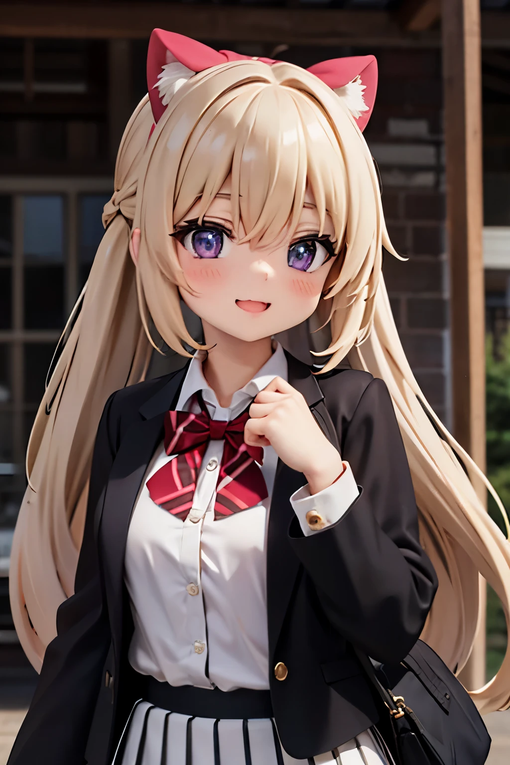 佄䔀((masterpiece)),(best quality),Official Art,Extremely refined,Extremely detailed CG,Unity 8k Wallpaper,Ultra Detailed,Beautiful and delicate eyes,Extremely detailed face,outdoor,1 girl,Solitary,Upper Body,(portrait:1.5),Looking at the audience,For the audience,Smile,noob,Very long hair,White hair,low ponytail,Hair intake,Flowing hair,Heart-shaped hair accessories,Side lock,Hair between the eyes,Bangs,Purple Eyes,blush,Uniforms,Black jacket,casual suits,Wing collar,collared shirt,White shirt,Red bow tie,Striped bow tie,Medium breasts,Skin Indentation,Long sleeve,mini skirt,White skirt,pleated skirt,Black knee-high socks,Absolutely great opportunity,Mary Jane Shoes,