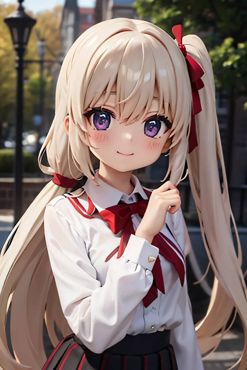 佄䔀((masterpiece)),(best quality),Official Art,Extremely refined,Extremely detailed CG,Unity 8k Wallpaper,Ultra Detailed,Beautiful and delicate eyes,Extremely detailed face,outdoor,1 girl,Solitary,Upper Body,(portrait:1.5),Looking at the audience,For the audience,Smile,noob,Very long hair,White hair,low ponytail,Hair intake,Flowing hair,Heart-shaped hair accessories,Side lock,Hair between the eyes,Bangs,Purple Eyes,blush,Uniforms,Black jacket,casual suits,Wing collar,collared shirt,White shirt,Red bow tie,Striped bow tie,Medium breasts,Skin Indentation,Long sleeve,mini skirt,White skirt,pleated skirt,Black knee-high socks,Absolutely great opportunity,Mary Jane Shoes,