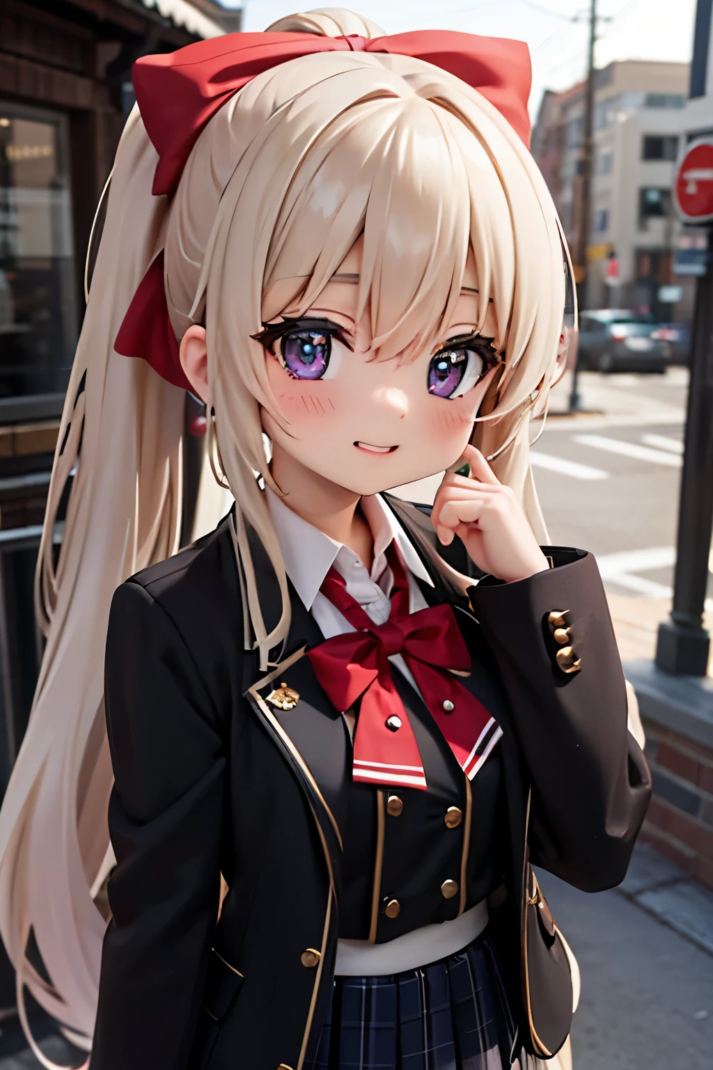 佄䔀((masterpiece)),(best quality),Official Art,Extremely refined,Extremely detailed CG,Unity 8k Wallpaper,Ultra Detailed,Beautiful and delicate eyes,Extremely detailed face,outdoor,1 girl,Solitary,Upper Body,(portrait:1.5),Looking at the audience,For the audience,Smile,noob,Very long hair,White hair,low ponytail,Hair intake,Flowing hair,Heart-shaped hair accessories,Side lock,Hair between the eyes,Bangs,Purple Eyes,blush,Uniforms,Black jacket,casual suits,Wing collar,collared shirt,White shirt,Red bow tie,Striped bow tie,Medium breasts,Skin Indentation,Long sleeve,mini skirt,White skirt,pleated skirt,Black knee-high socks,Absolutely great opportunity,Mary Jane Shoes,