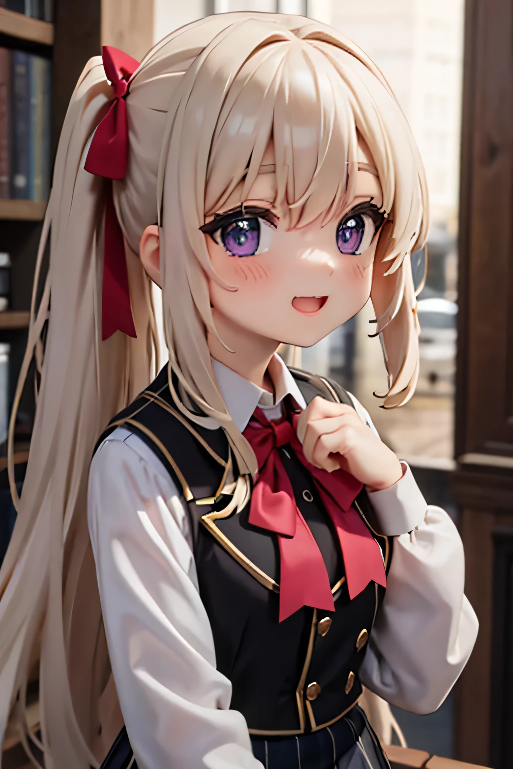 佄䔀((masterpiece)),(best quality),Official Art,Extremely refined,Extremely detailed CG,Unity 8k Wallpaper,Ultra Detailed,Beautiful and delicate eyes,Extremely detailed face,outdoor,1 girl,Solitary,Upper Body,(portrait:1.5),Looking at the audience,For the audience,Smile,noob,Very long hair,White hair,low ponytail,Hair intake,Flowing hair,Heart-shaped hair accessories,Side lock,Hair between the eyes,Bangs,Purple Eyes,blush,Uniforms,Black jacket,casual suits,Wing collar,collared shirt,White shirt,Red bow tie,Striped bow tie,Medium breasts,Skin Indentation,Long sleeve,mini skirt,White skirt,pleated skirt,Black knee-high socks,Absolutely great opportunity,Mary Jane Shoes,