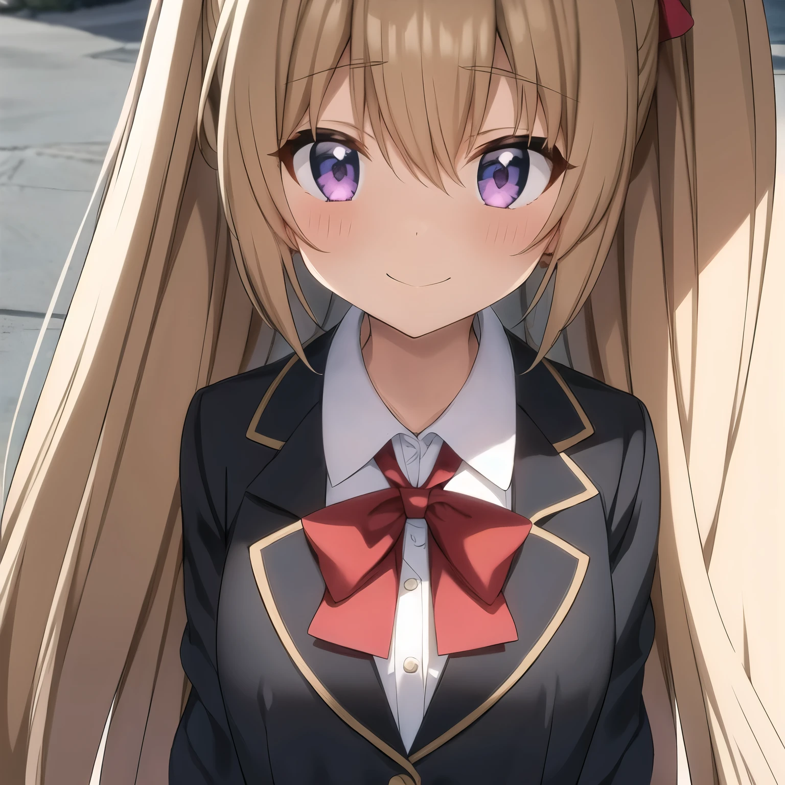 佄䔀((masterpiece)),(best quality),Official Art,Extremely refined,Extremely detailed CG,Unity 8k Wallpaper,Ultra Detailed,Beautiful and delicate eyes,Extremely detailed face,outdoor,1 girl,Solitary,Upper Body,(portrait:1.5),Looking at the audience,For the audience,Smile,noob,Very long hair,White hair,low ponytail,Hair intake,Flowing hair,Heart-shaped hair accessories,Side lock,Hair between the eyes,Bangs,Purple Eyes,blush,Uniforms,Black jacket,casual suits,Wing collar,collared shirt,White shirt,Red bow tie,Striped bow tie,Medium breasts,Skin Indentation,Long sleeve,mini skirt,White skirt,pleated skirt,Black knee-high socks,Absolutely great opportunity,Mary Jane Shoes,