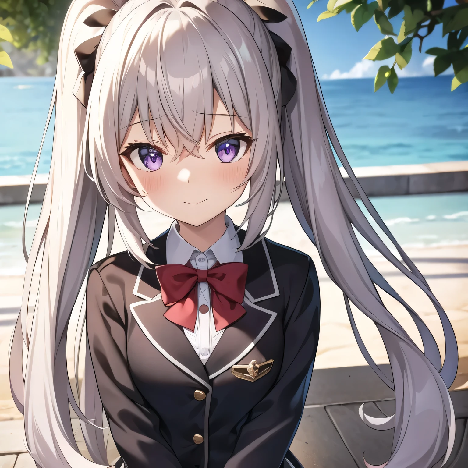 佄䔀((masterpiece)),(best quality),Official Art,Extremely refined,Extremely detailed CG,Unity 8k Wallpaper,Ultra Detailed,Beautiful and delicate eyes,Extremely detailed face,outdoor,1 girl,Solitary,Upper Body,(portrait:1.5),Looking at the audience,For the audience,Smile,noob,Very long hair,White hair,low ponytail,Hair intake,Flowing hair,Heart-shaped hair accessories,Side lock,Hair between the eyes,Bangs,Purple Eyes,blush,Uniforms,Black jacket,casual suits,Wing collar,collared shirt,White shirt,Red bow tie,Striped bow tie,Medium breasts,Skin Indentation,Long sleeve,mini skirt,White skirt,pleated skirt,Black knee-high socks,Absolutely great opportunity,Mary Jane Shoes,