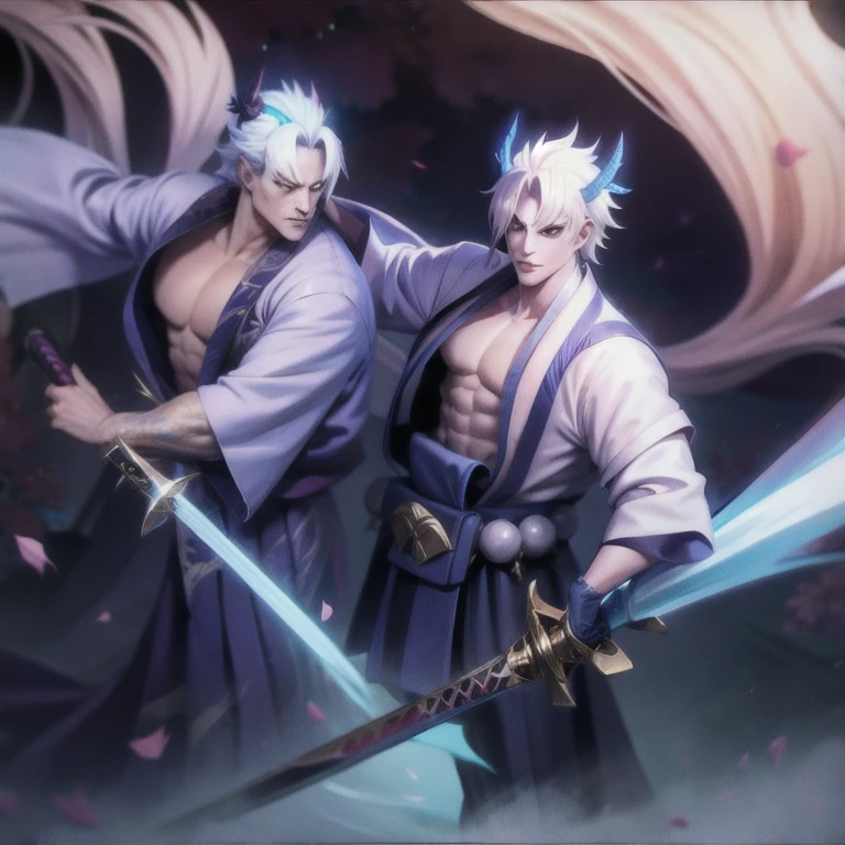 Yone Character, albino man, male character, blue horns, demonic blue arm, samurai clothing, athletic body, handsome.