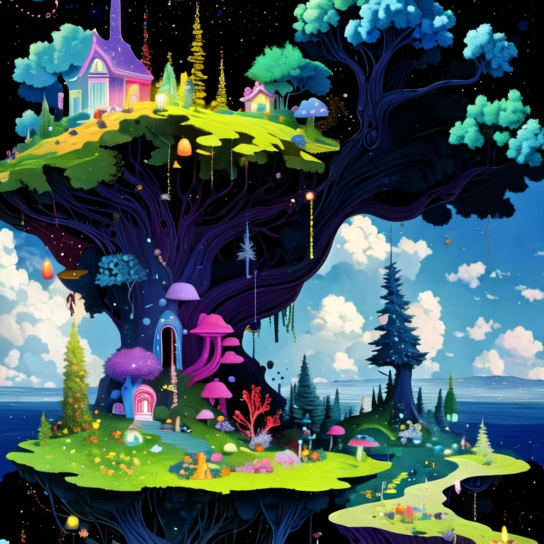 This picture is an illustration full of fantastic colors and imagination. Centered on a large blue tree, it constructs a fantasy world that is both mysterious and beautiful by depicting the surrounding small creatures, mysterious eyes, and a gorgeous starry background.