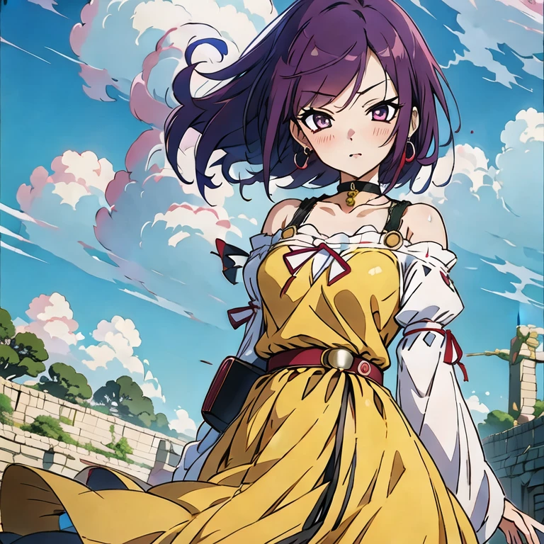 masutepiece, Best Quality, Ultra-detailed, kisho, jigokuraku, 1 girl, reddish Purple hair, Gray eyes, showa town, fantasy world, ruins, fort, beautiful sky, shining sky, sunshine, waving, hair ribbon, belt, choker,  black choker, wind blowing dress, lace dress, earrings, off-shoulder sleeves, wool sweaters, Chest exposure, Lace underwear, Metamorphosis is exposed