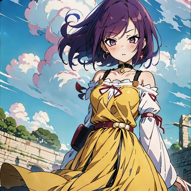 masutepiece, Best Quality, Ultra-detailed, kisho, jigokuraku, 1 girl, reddish Purple hair, Gray eyes, showa town, fantasy world, ruins, fort, beautiful sky, shining sky, sunshine, waving, hair ribbon, belt, choker, black choker, wind blowing dress, lace dress, earrings, off-shoulder sleeves, wool sweaters, Chest exposure, Lace underwear, Metamorphosis is exposed