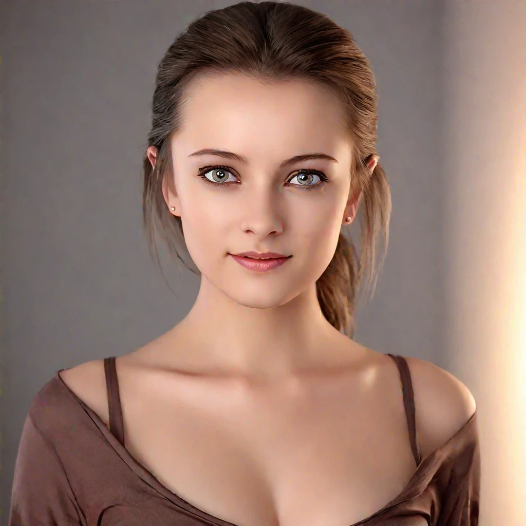 Kat, 1girl, solo, beautiful female, ((realistic photo):1.1). Looking at the viewer, ((grey eyes):1.0), ((brown hair pulled back):1.1), upper body image, ((small_breasts):1.2). Front lighting, dynamic angle | ((masterpiece, 8K, high resolution, best quality):1.0), ((More Detail, Enhance):1.0), ((smooth skin, bright eyes):0.9), ((RAW image, sharp focus):1.0)