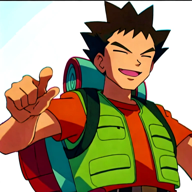 (masterpiece, best quality:1.2),1boy,solo,brock \(pokemon\),upper body,brwon hair,closed eyes,spiked hair,green vest,orange shirt,short sleeves,backpack,looking at viewer,smile
