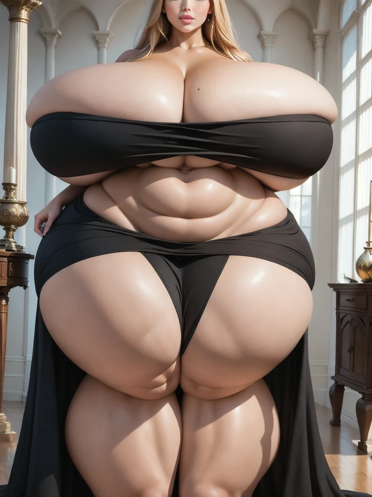(masterpiece, best quality:1.2), 1girl, solo, a woman in a black dress posing for a picture in a room, powerful and huge, giant stunning goddess shot, thicc, thick body, voluptuous body, voluptuous and arousing, beautiful thick female, exaggeratedly large physique, hyperrealistic full figure, blonde goddess, strong and imposing, voluptuous figure, enormous in size