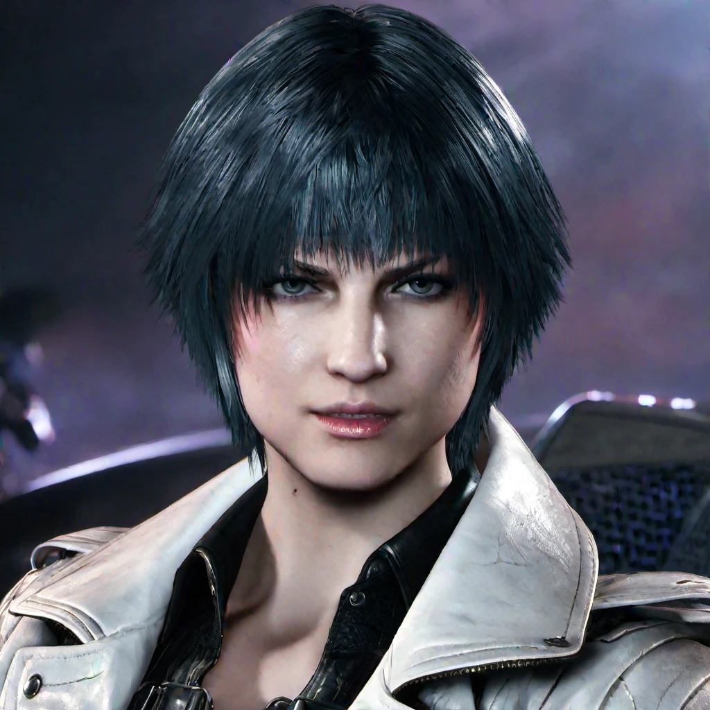 1 woman, lady (from devil may cry 5:1.1), detailed face, (white leather overcoat:1.2), black short hair,