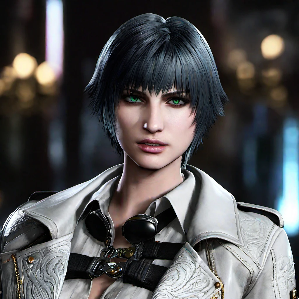 lady (from devil may cry 5:1.1), detailed face, (white leather overcoat:1.2), black short hair, green eyes