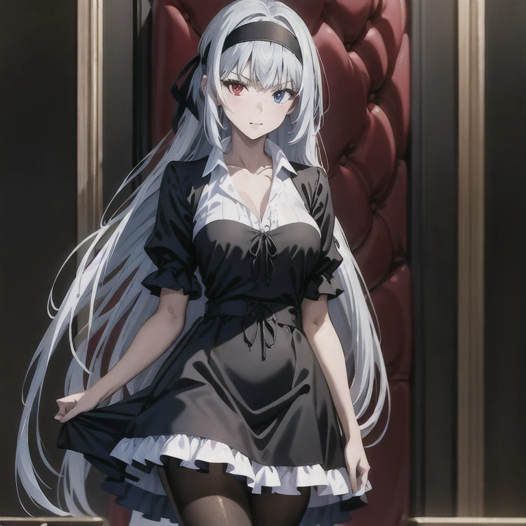 (masterpiece, best quality:1.2), 1girl, solo、silver hair, heterochromia, red eyes, blue eyes, long hair, headband, black ruffled dress, goth short dress, white collar shirt, black pantyhose, collarbone,