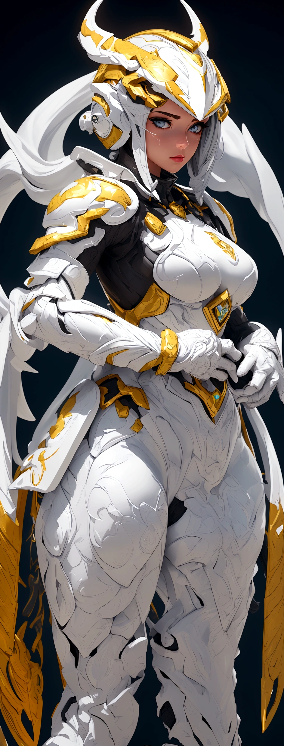 (best quality,4k,8k,highres,masterpiece:1.2),ultra-detailed, female ranger, white suit, tyrannosaurus head for helmet, asymmetrical suit, yellow claw shaped emblem on left side of suit. a close up of a person in a white suit with yellow gloves, heavy white and golden armor, detailed white armor, intricate white and gold armor, intricate white armor, streamlined white armor, full body sprite, skintight silver armor, white plated armor, ornate white and gold armour, entire body, snake-face female guard, clothed in ethereal battle armor, HDR, 8k, absurdres, cinestill 800, sharp focus, add_detail:2, (solo, woman)